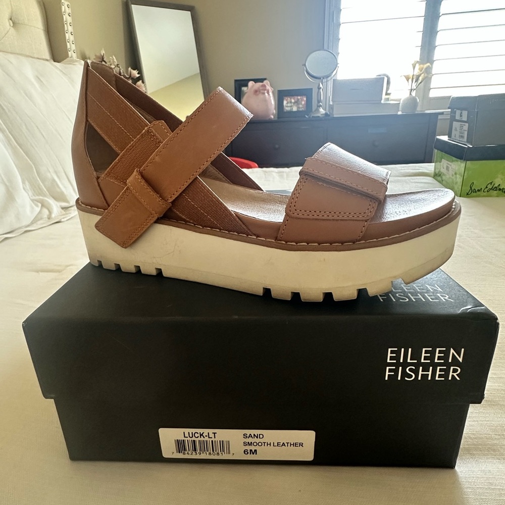 Eileen Fisher Sand Leather Platform Sandals with White Sole